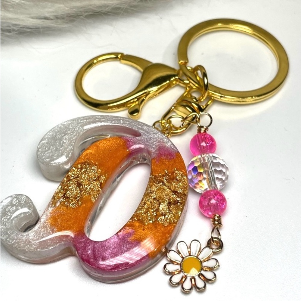 Custom Orange Cream and Pink Letter “D” Keychain with Daisy Charm - Picture 3 of 12